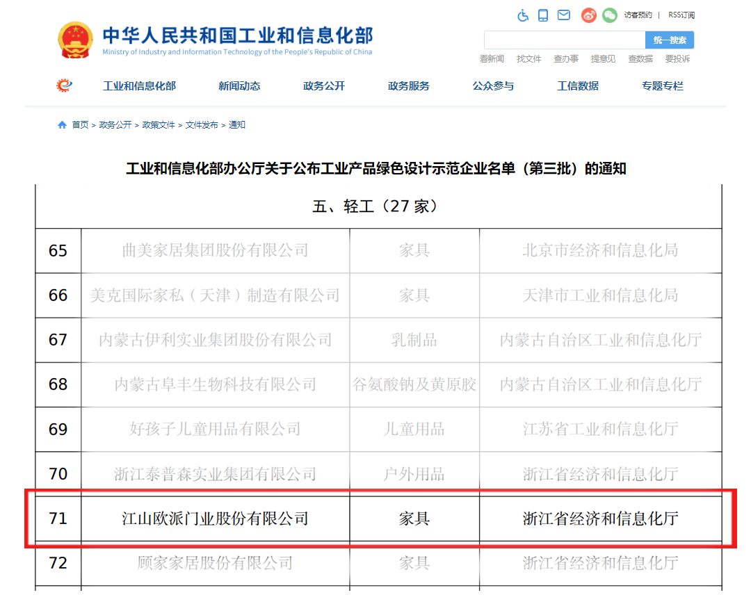 以环保产品践行绿色发展！ 江山欧派入选国家级工业产品绿色设计示范企业(图1)